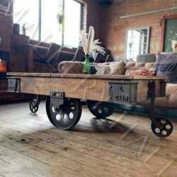 Recycled Wood & Iron Cart Coffee Cocktail Table On Wheels_01