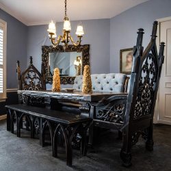 10 ft Dark Finish Gothic Trestle Table with 3 Top
